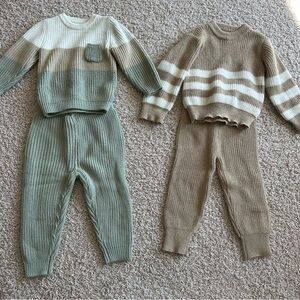 Knit Two-Piece Set - Sage Green and Beige Stripes